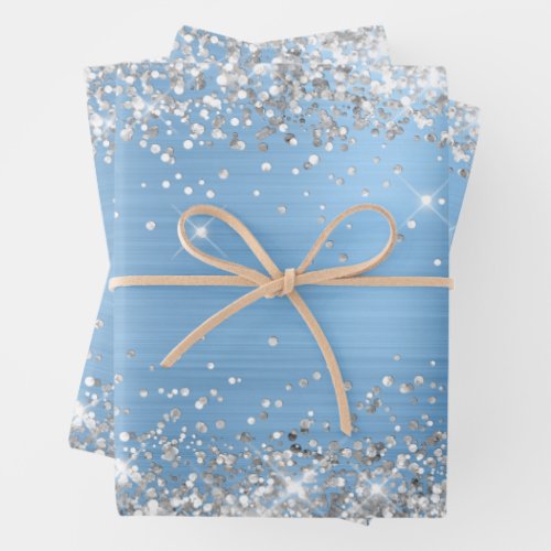Silver Glitter and Light Blue Ombre Foil Wrapping Paper Sheets