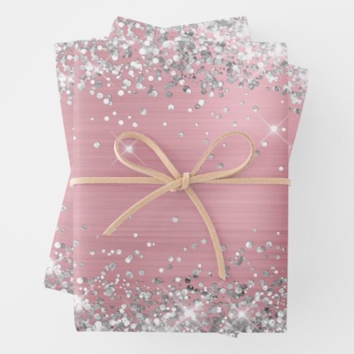 Silver Glitter and Light Pink Ombre Foil Wrapping Paper Sheets