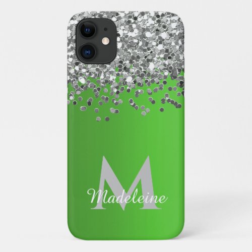 Silver Glitter and Lime Green Monogrammed iPhone 11 Case
