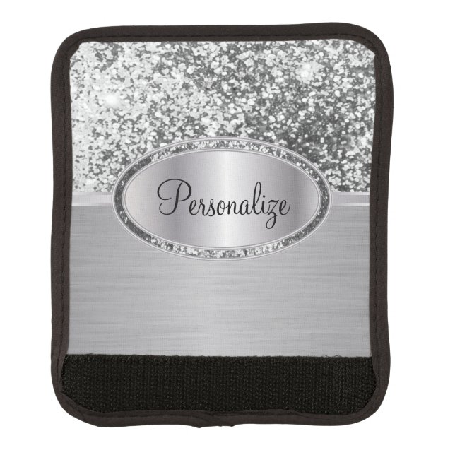 Silver Glitter and Metal Brush Steel Print Luggage Handle Wrap (Front)