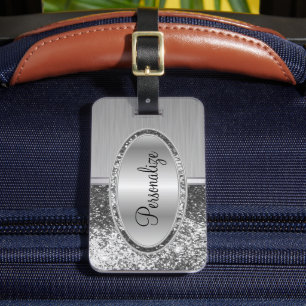 Silver Glitter and Metal Brush Steel Print Luggage Tag