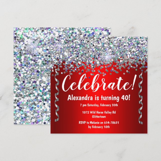 Silver Glitter and Metallic Red 40th Birthday Invitation (Front/Back)