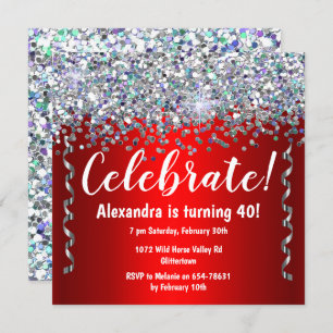 Silver Glitter and Metallic Red 40th Birthday Invitation