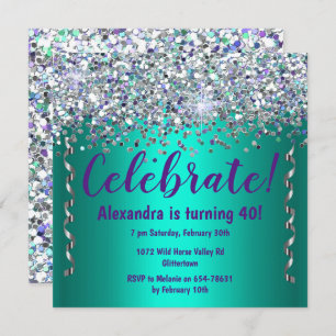Silver Glitter and Metallic Teal 40th Birthday Invitation