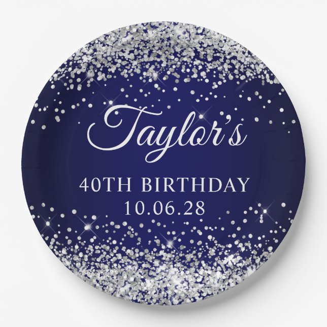 Silver Glitter and Navy Blue 40th Birthday Paper Plates (Front)