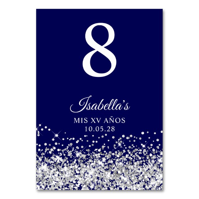 Silver Glitter and Navy Blue Mis XV Anos Table Number (Front)