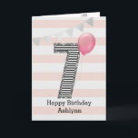 Silver Glitter and Pink 7th Birthday Card<br><div class="desc">Pink and silver glitter 7th birthday card for girls, which you can personalize with her name. The front of this 7th birthday card for her features the number seven in a black and white stripe with an outline of glitter with a pink balloon ready to float way. Please note the...</div>
