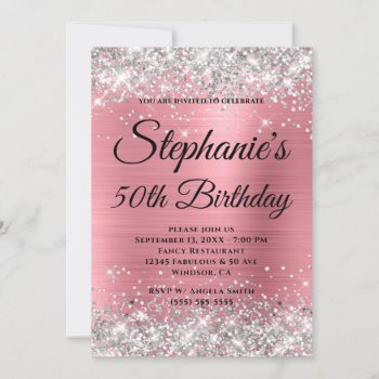 Silver Glitter And Pink Foil Fancy Monogram Invitation by pinkgifts4you at Zazzle