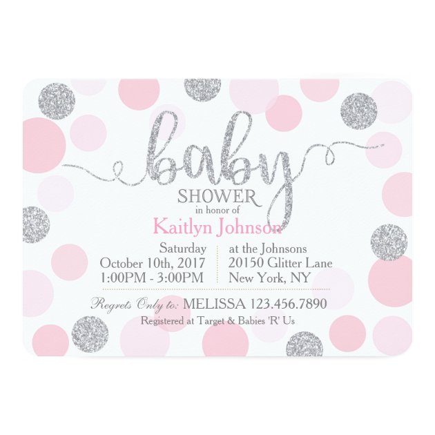 Silver Glitter And Pink Scattered Dots Baby Shower Invitation