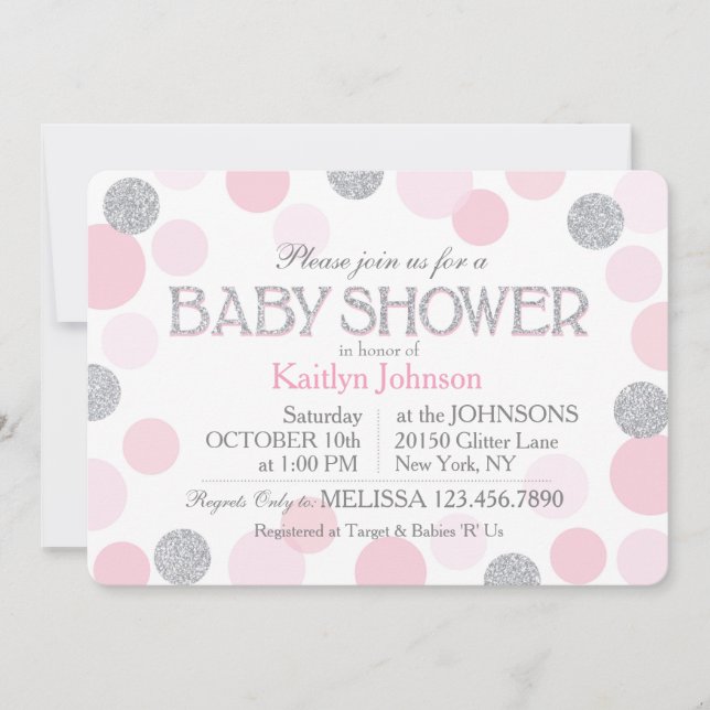 Silver Glitter and Pink Scattered Dots Baby Shower Invitation (Front)