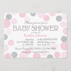 Silver Glitter and Pink Scattered Dots Baby Shower Invitation