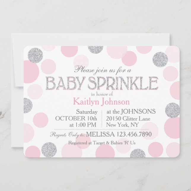 Silver Glitter and Pink Scattered Dots Baby Shower Invitation (Front)