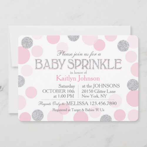 Silver Glitter and Pink Scattered Dots Baby Shower Invitation