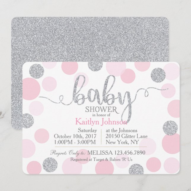 Silver Glitter and Pink Scattered Dots Baby Shower Invitation (Front/Back)