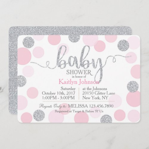 Silver Glitter and Pink Scattered Dots Baby Shower Invitation