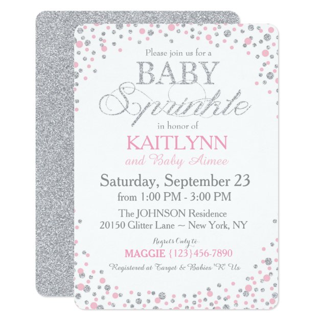 Silver Glitter And Pink Sprinkle Baby Shower Invitation