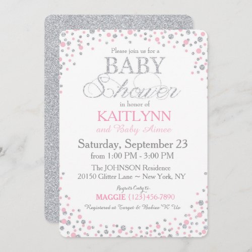 Silver Glitter and Pink Sprinkle Baby Shower Invitation