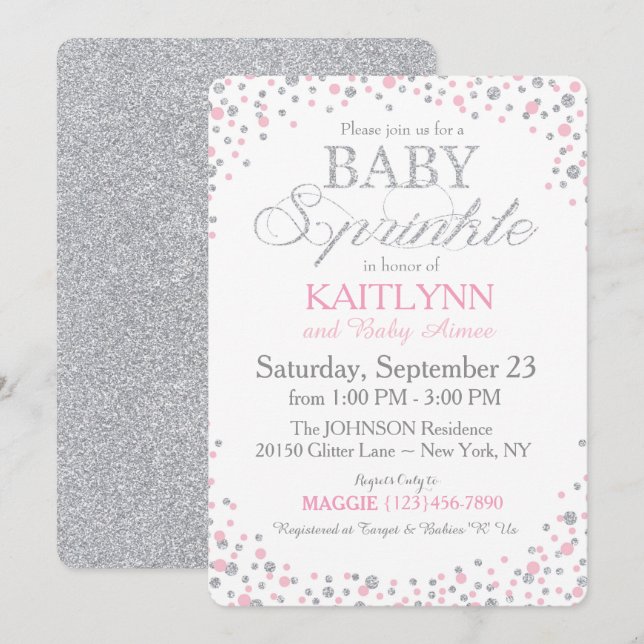 Silver Glitter and Pink Sprinkle Baby Shower Invitation (Front/Back)