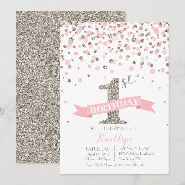 Silver Glitter and Pink Sprinkles Modern Birthday Invitation (Front/Back)