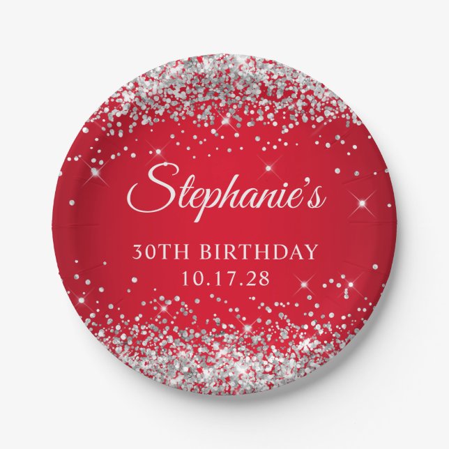Silver Glitter and Red 30th Birthday Paper Plates (Front)