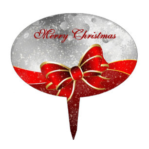 Silver Glitter And Red Christmas Sparkles Bow Cake Topper