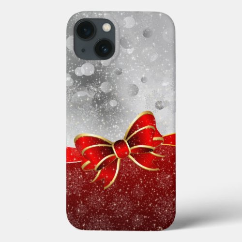 Silver Glitter And Red Christmas Sparkles Bow iPhone 13 Case