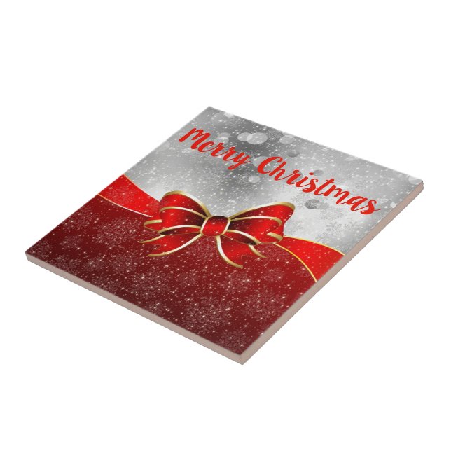 Silver Glitter And Red Christmas Sparkles Bow Cera Ceramic Tile (Side)
