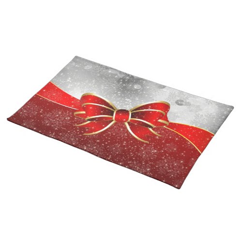 Silver Glitter And Red Christmas Sparkles Bow Cloth Placemat