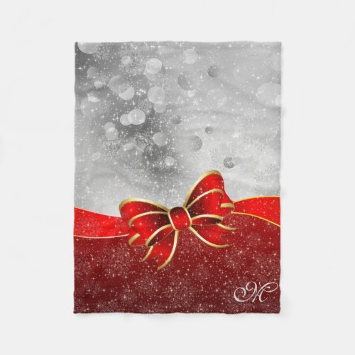 Silver Glitter And Red Christmas Sparkles Bow Fleece Blanket