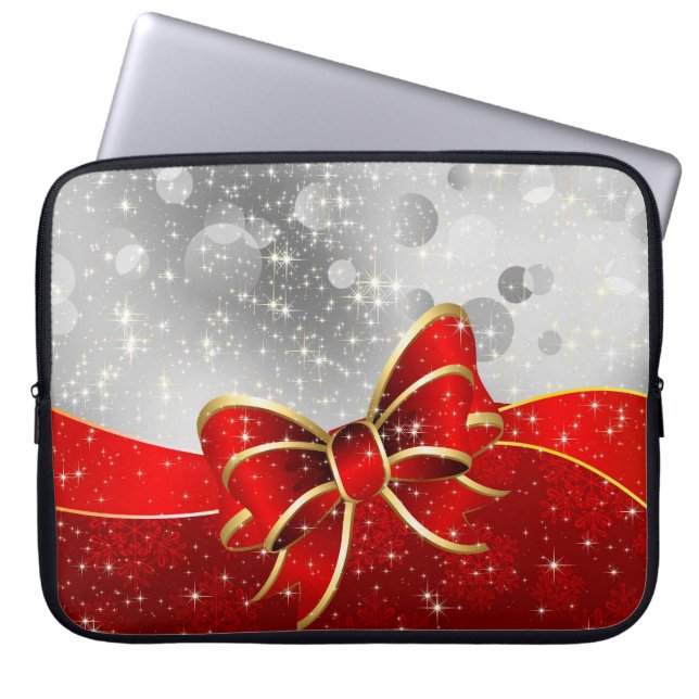 Silver Glitter And Red Christmas Sparkles Bow Laptop Sleeve (Front)