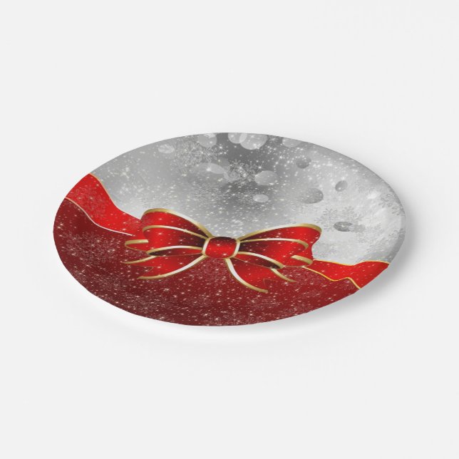Silver Glitter And Red Christmas Sparkles Bow Paper Plates (Angled)