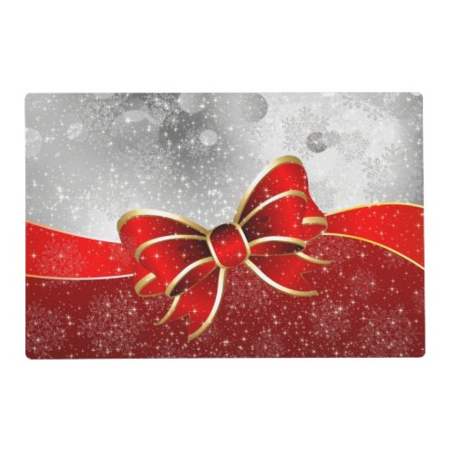 Silver Glitter And Red Christmas Sparkles Bow Placemat