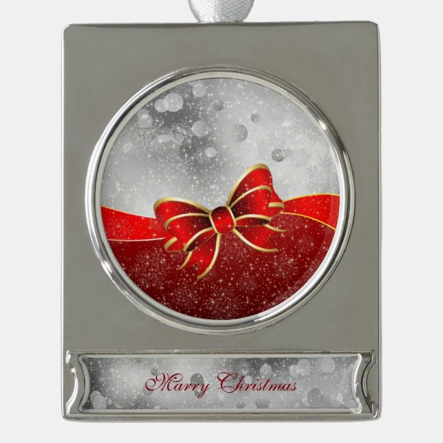 Silver Glitter And Red Christmas Sparkles Bow Silver Plated Banner Ornament (Front)