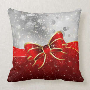 Silver Glitter And Red Christmas Sparkles Bow Throw Pillow