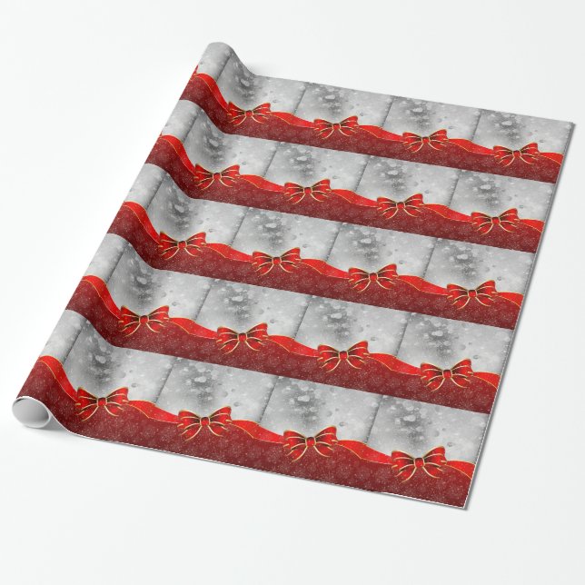 Silver Glitter And Red Christmas Sparkles Bow Wrapping Paper (Unrolled)