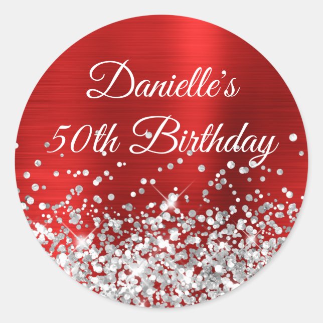 Silver Glitter and Red Foil 50th Birthday Classic Round Sticker (Front)