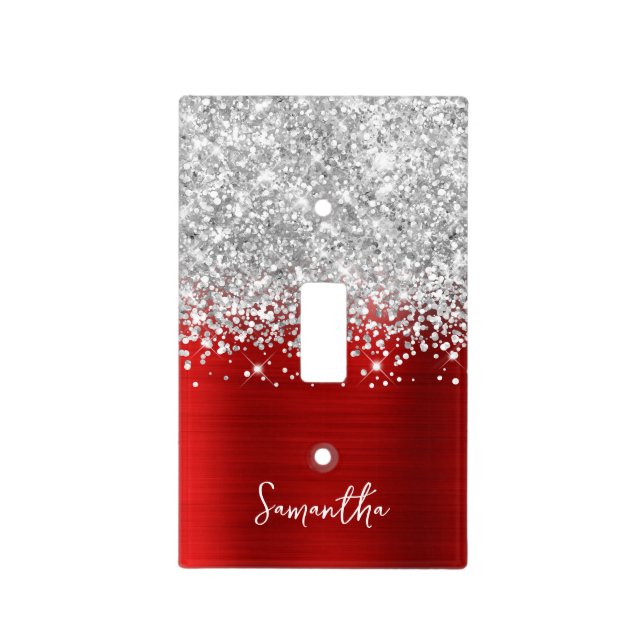 Silver Glitter and Red Glam Light Switch Cover (Front)