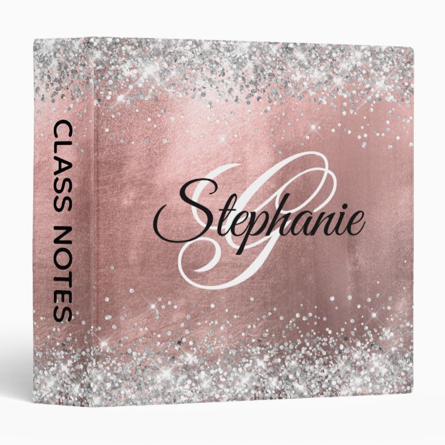 Silver Glitter and Rose Gold Foil Fancy Monogram 3 Ring Binder (Front/Spine)