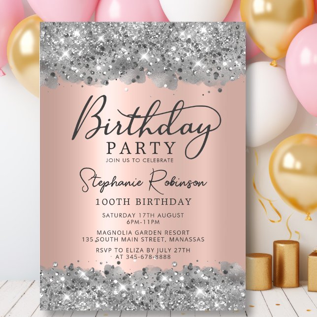 Silver Glitter and Rose Gold Metal 100th Birthday Invitation (Creator Uploaded)