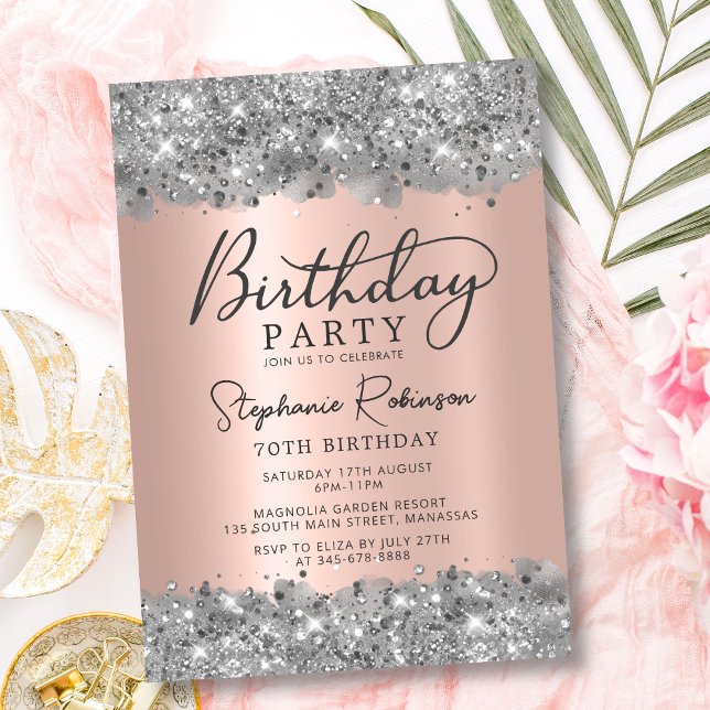 Silver Glitter and Rose Gold Metal 70th Birthday Invitation (Creator Uploaded)