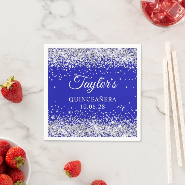Silver Glitter and Royal Blue Quinceañera Napkins (Insitu)