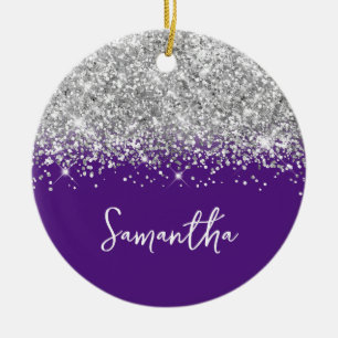 Silver Glitter and Royal Purple Glam Name Ceramic Ornament