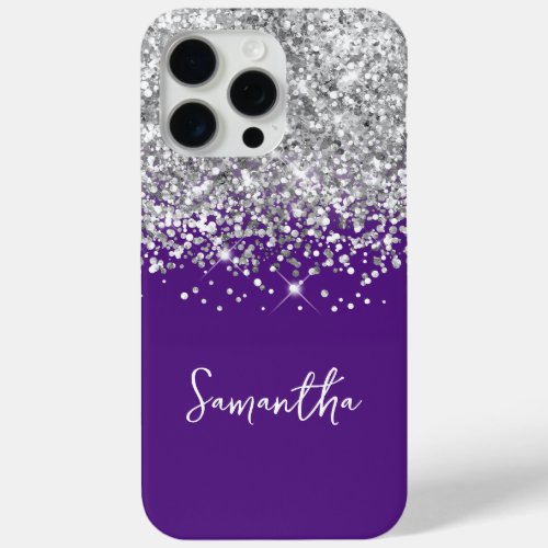 Silver Glitter and Royal Purple Name iPhone 15 Pro Max Case