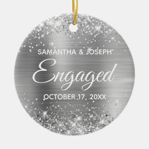 Silver Glitter and Shiny Foil Engaged Ceramic Ornament