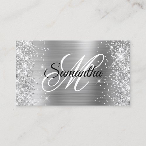 Silver Glitter and Shiny Foil Fancy Monogram Business Card