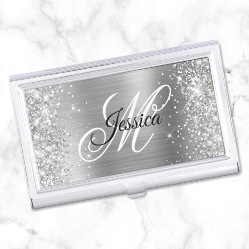 Silver Glitter and Shiny Foil Fancy Monogram Business Card Case