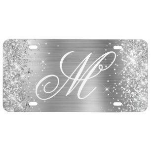 Silver Glitter and Shiny Foil Fancy Monogram License Plate