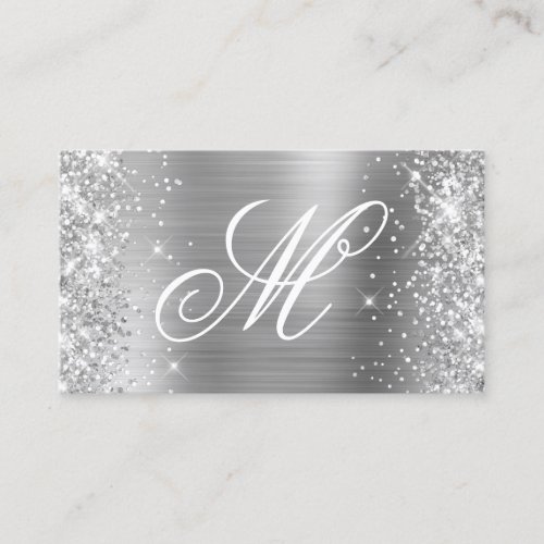 Silver Glitter and Shiny Foil Fancy Monogrammed Business Card