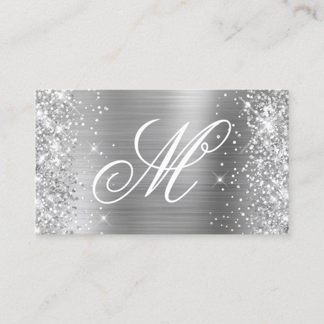 Silver Glitter and Shiny Foil Fancy Monogrammed Business Card (Front)