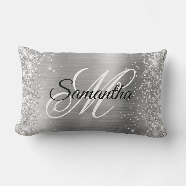 Silver Glitter and Shiny Satin Foil Fancy Monogram Lumbar Pillow (Front)